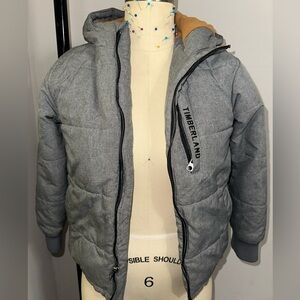 Timberland Puffer Jacket Youth Boys S (8) Gray Hooded Full Zip Winter Coat